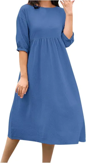 Linen Dress Women 2025 Summer Crew Neck Short Sleeve Solid Color Beach Midi Dresses Fashion Comfy Vacation Sundress