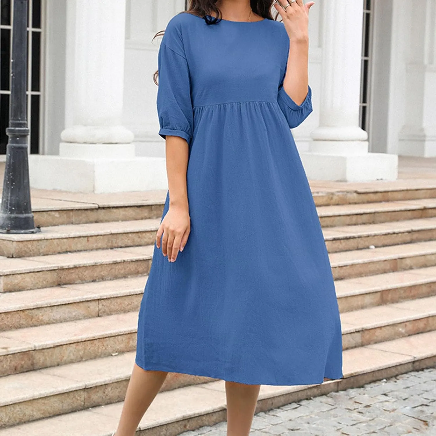 Linen Dress Women 2025 Summer Crew Neck Short Sleeve Solid Color Beach Midi Dresses Fashion Comfy Vacation Sundress