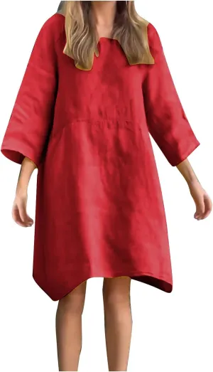 Linen Dresses for Women Summer Crew Neck Long Sleeve Loose Casual Sun Dress 2025 Vacation Flowy Relaxed Midi Dress