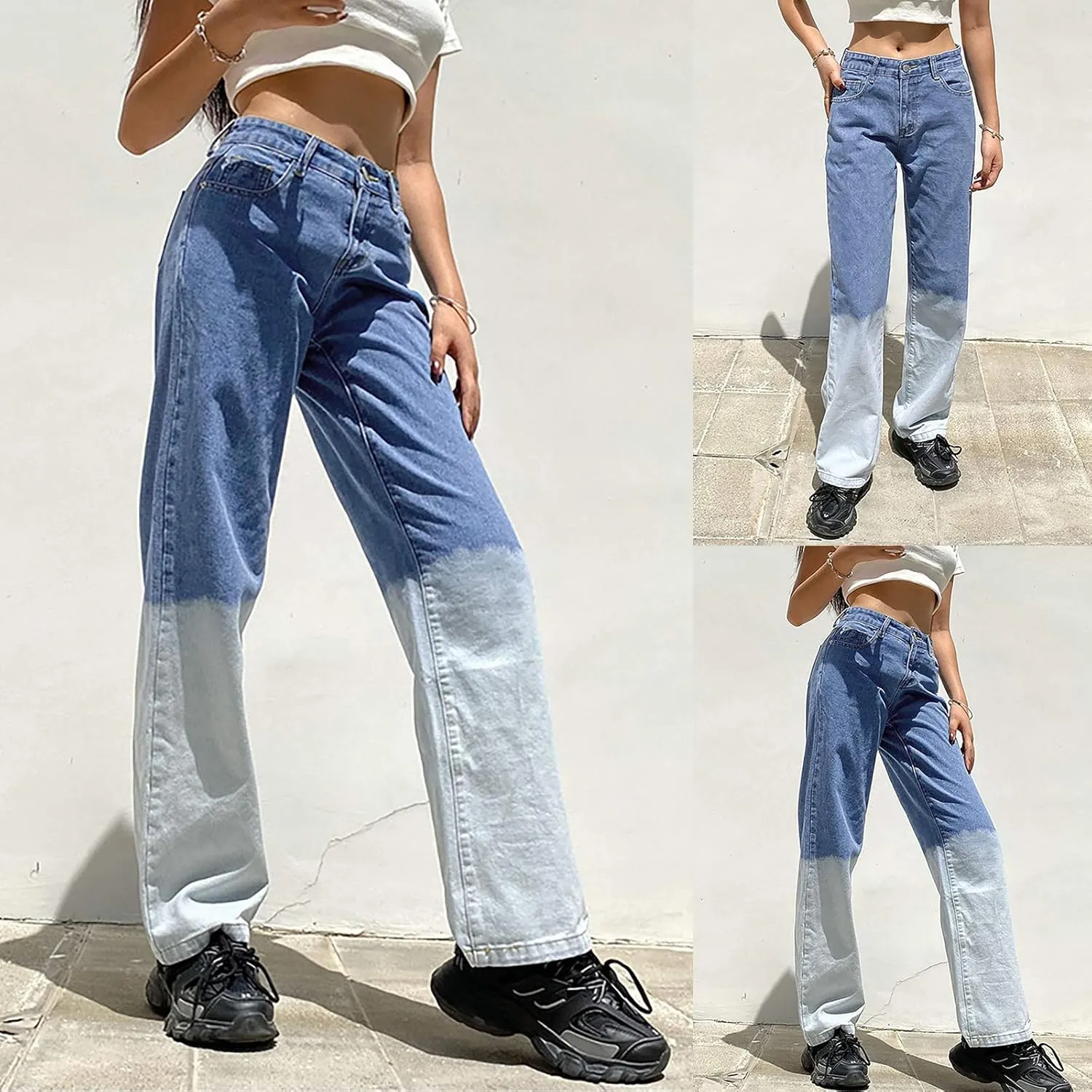 LIUguoo Women's Casual Denim Pants High Waisted Wide Leg Jeans Baggy Stretch Jeans Gradient Contrast Color Block Trousers