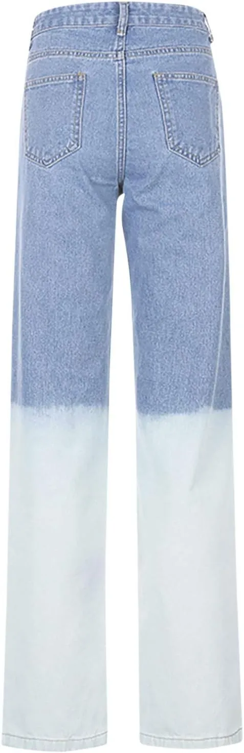 LIUguoo Women's Casual Denim Pants High Waisted Wide Leg Jeans Baggy Stretch Jeans Gradient Contrast Color Block Trousers
