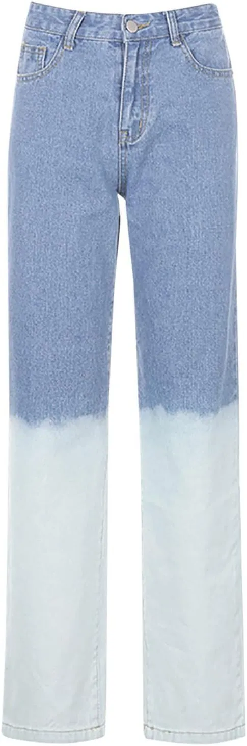 LIUguoo Women's Casual Denim Pants High Waisted Wide Leg Jeans Baggy Stretch Jeans Gradient Contrast Color Block Trousers