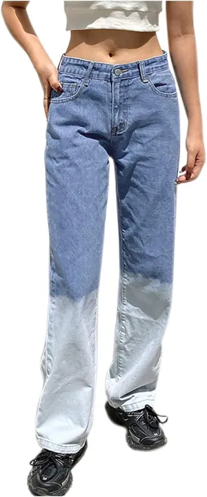 LIUguoo Women's Casual Denim Pants High Waisted Wide Leg Jeans Baggy Stretch Jeans Gradient Contrast Color Block Trousers