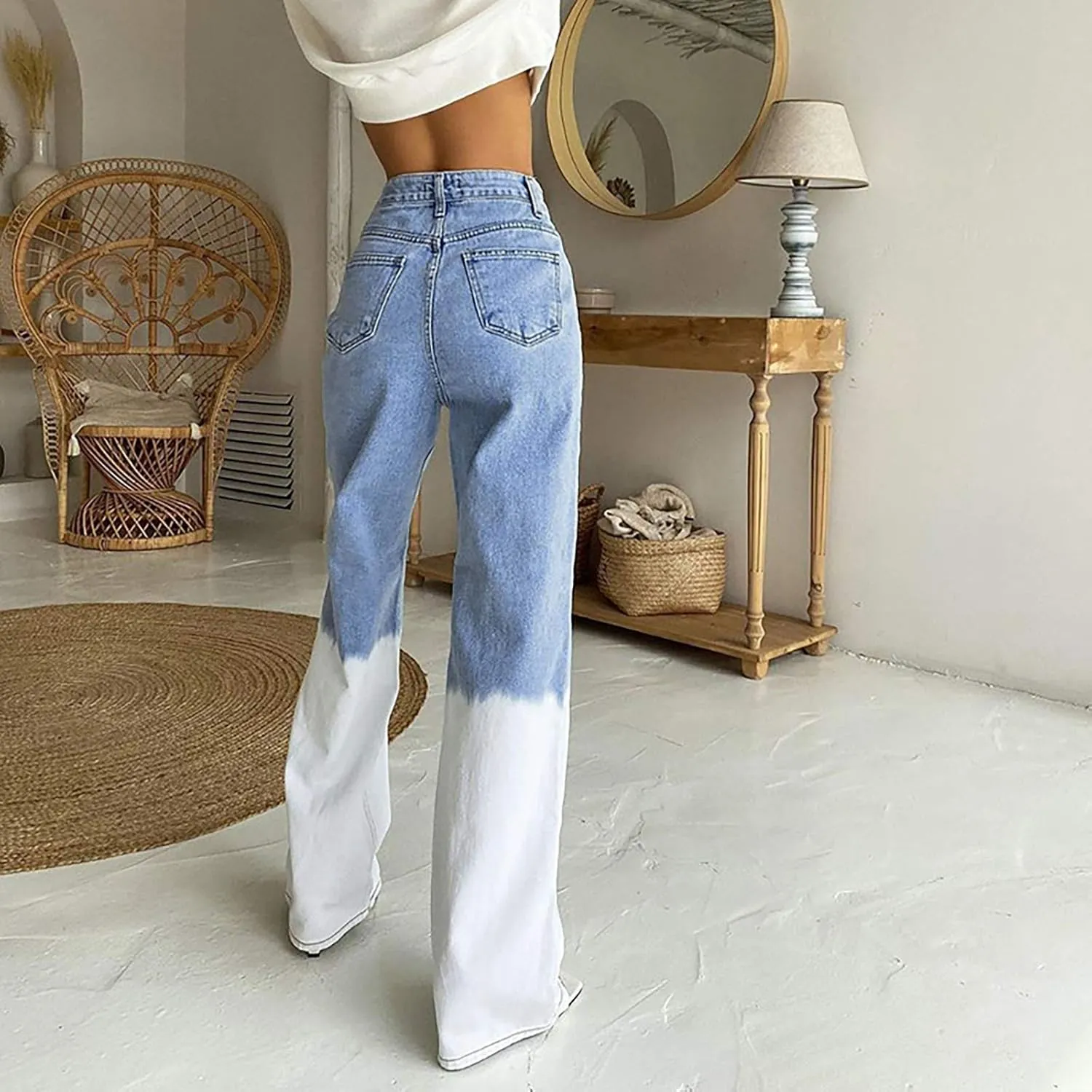 LIUguoo Women's Casual Denim Pants High Waisted Wide Leg Jeans Baggy Stretch Jeans Gradient Contrast Color Block Trousers