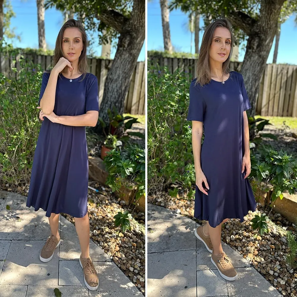 Locryz Women's Short Sleeve Pocket Swing Midi Dress Casual Loose T-Shirt Dress
