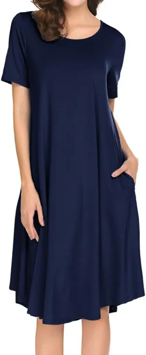 Locryz Women's Short Sleeve Pocket Swing Midi Dress Casual Loose T-Shirt Dress
