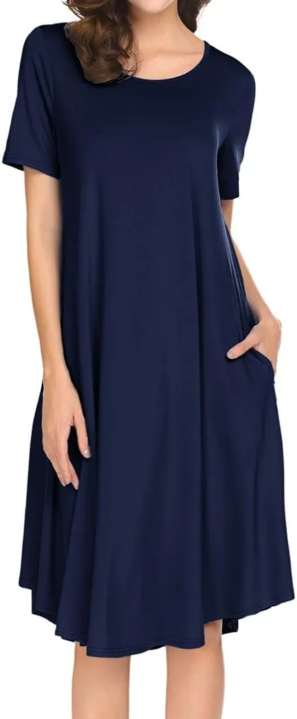 Locryz Women's Short Sleeve Pocket Swing Midi Dress Casual Loose T-Shirt Dress