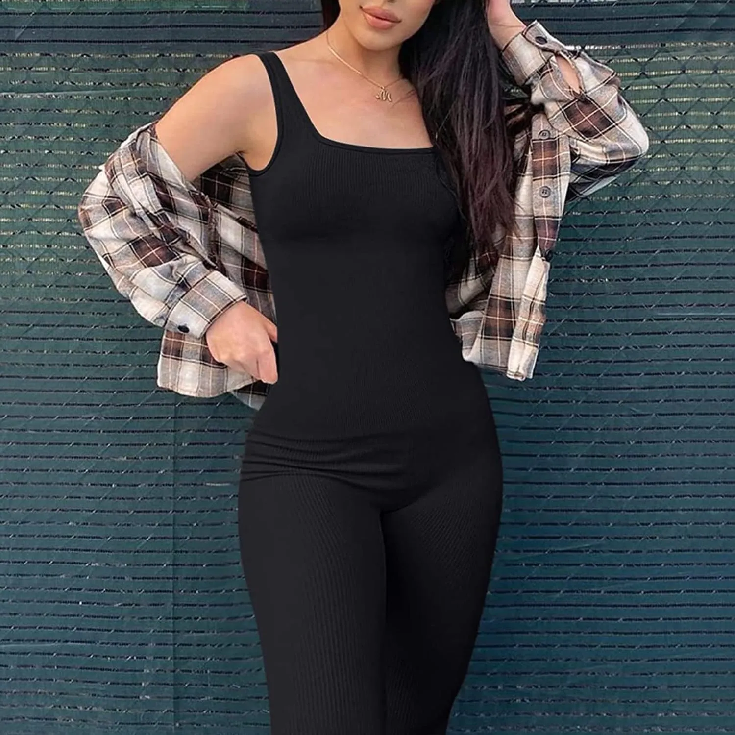 Long Sleeve Jumpsuits for Women Square Neck Wide Leg Full Length Romper Playsuit Yoga One Piece Flared Jumpsuit