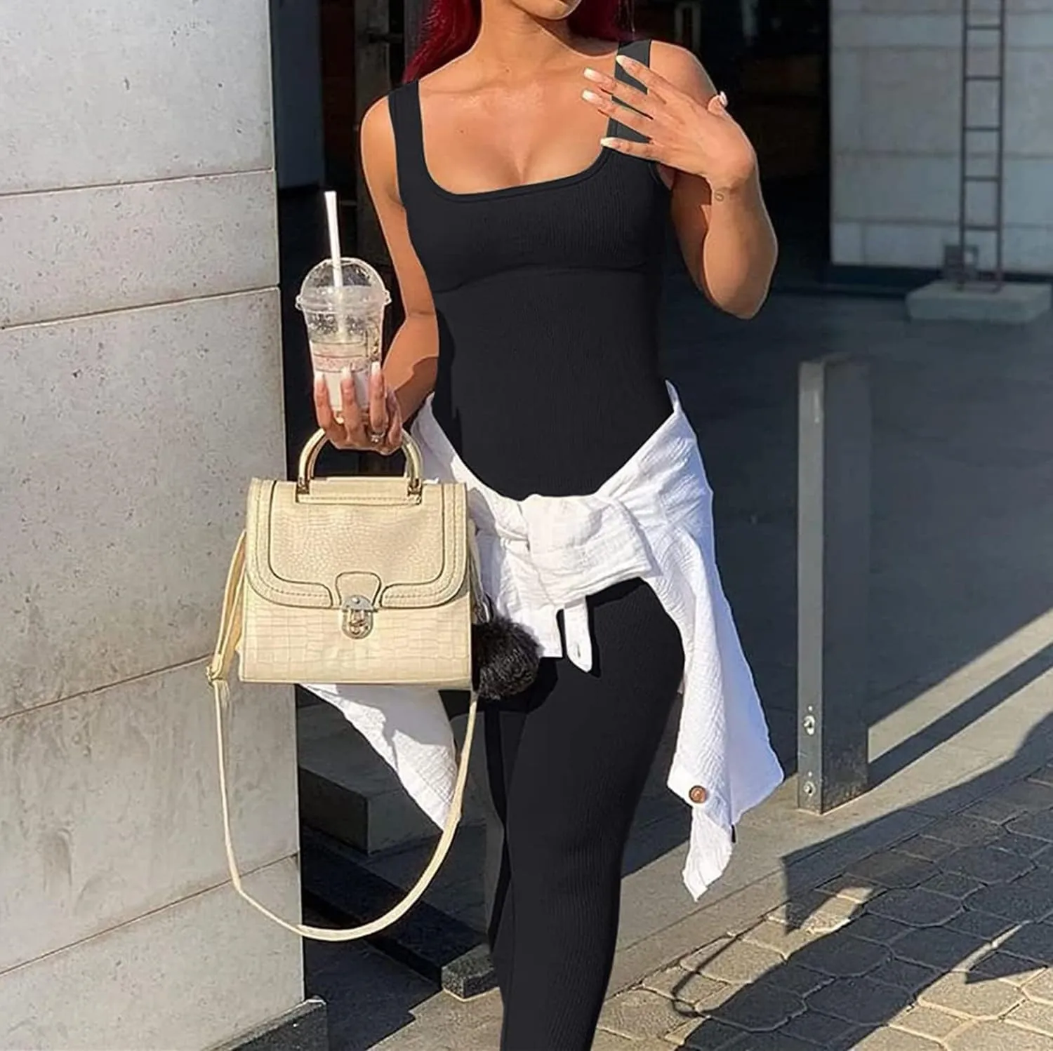 Long Sleeve Jumpsuits for Women Square Neck Wide Leg Full Length Romper Playsuit Yoga One Piece Flared Jumpsuit