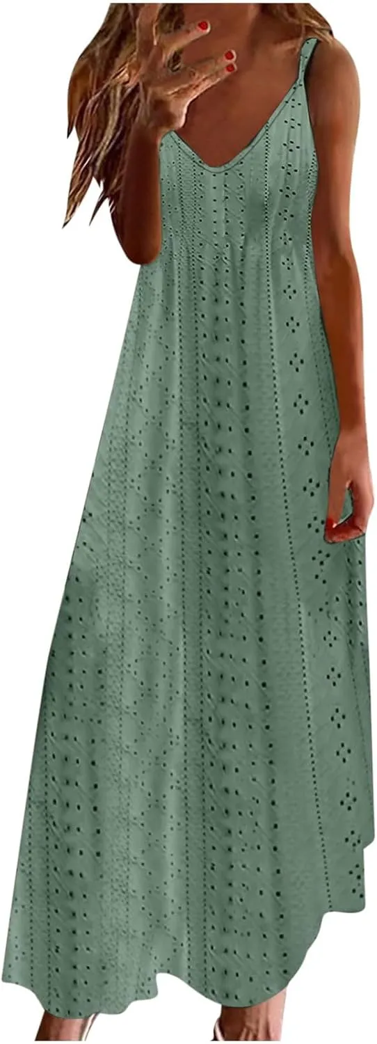 Long Womens Dress Eyelet 2025 Spring Solid Color Spaghetti Strap Maxi Dresses Sleeveless Beach Casual Comfy Sundress
