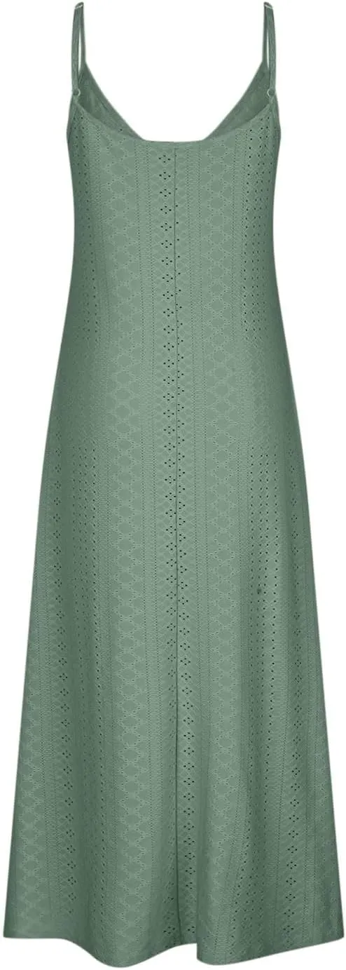 Long Womens Dress Eyelet 2025 Spring Solid Color Spaghetti Strap Maxi Dresses Sleeveless Beach Casual Comfy Sundress