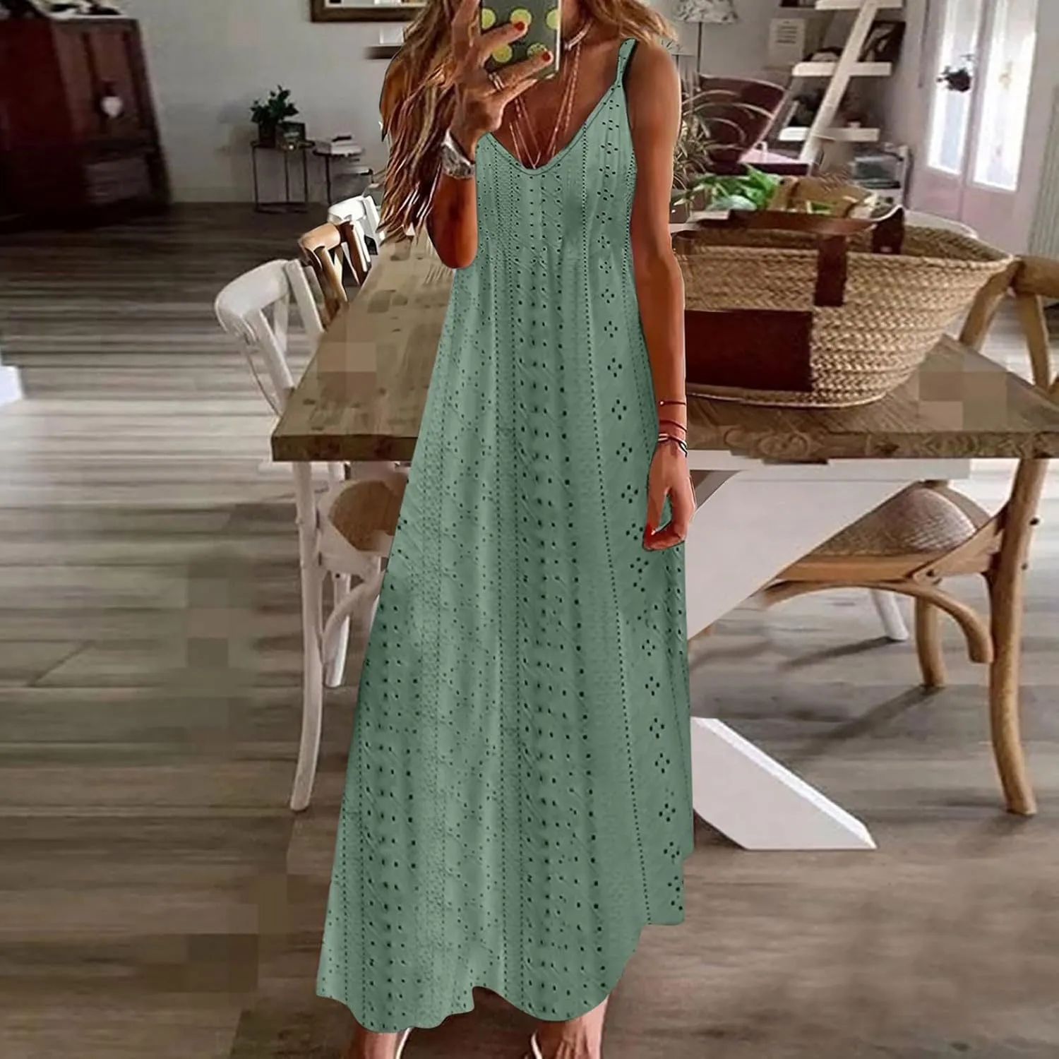Long Womens Dress Eyelet 2025 Spring Solid Color Spaghetti Strap Maxi Dresses Sleeveless Beach Casual Comfy Sundress
