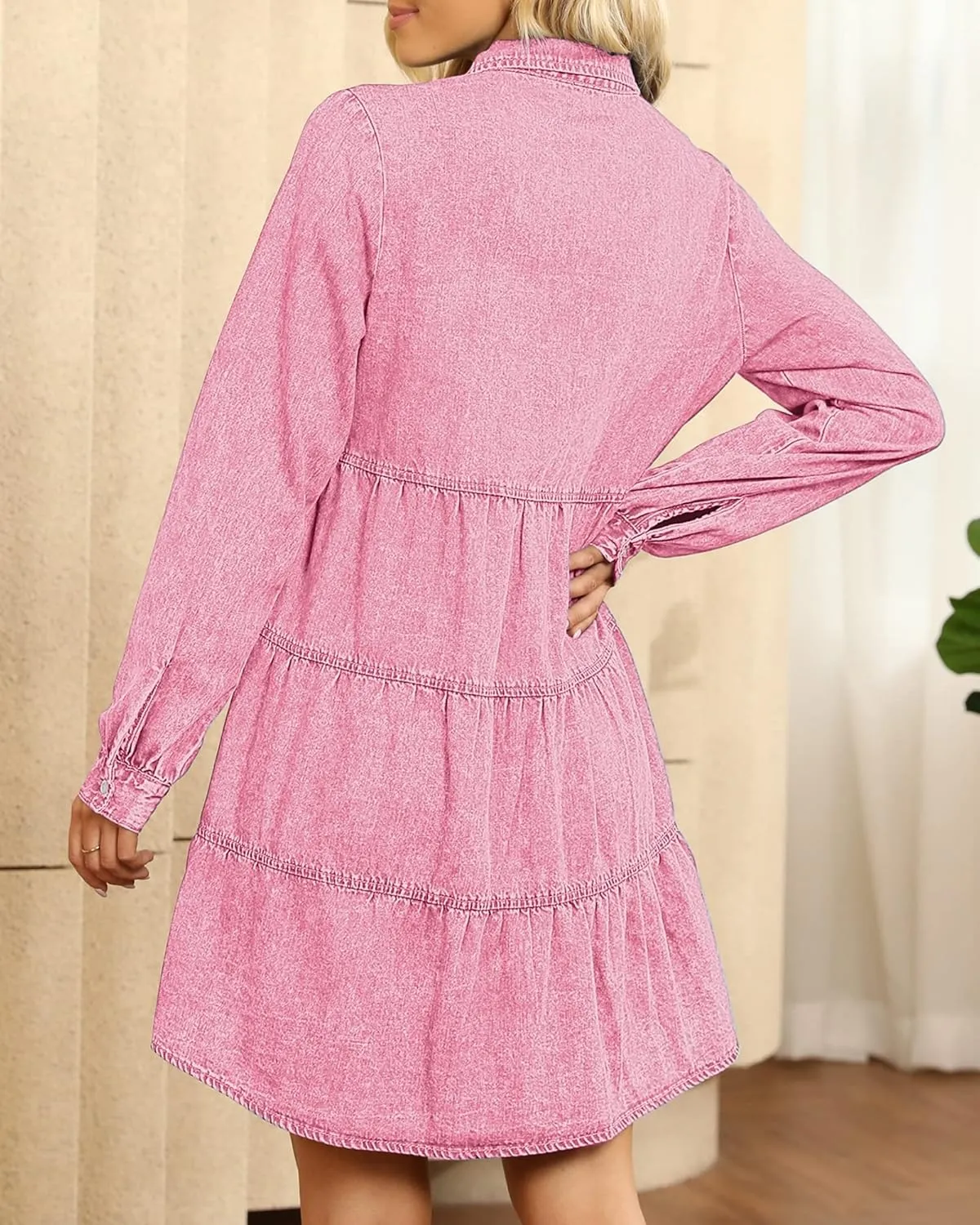 LookbookStore Long Sleeve Denim Dress for Women Jean Dress Button Down Casual Babydoll Denim Shirt Dress