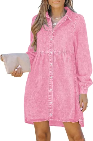 LookbookStore Long Sleeve Denim Dress for Women Jean Dress Button Down Casual Babydoll Denim Shirt Dress