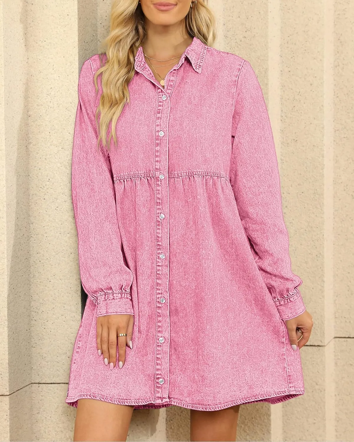 LookbookStore Long Sleeve Denim Dress for Women Jean Dress Button Down Casual Babydoll Denim Shirt Dress