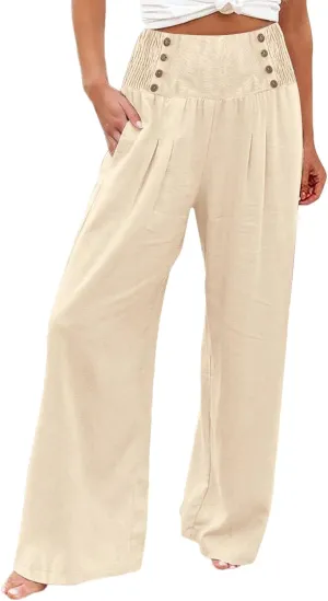 Lounge Pants Plus Size Women Summer Boho Wide Leg High Waist Linen Palazzo Pants 2025 Beach Travel Vacation Trouser