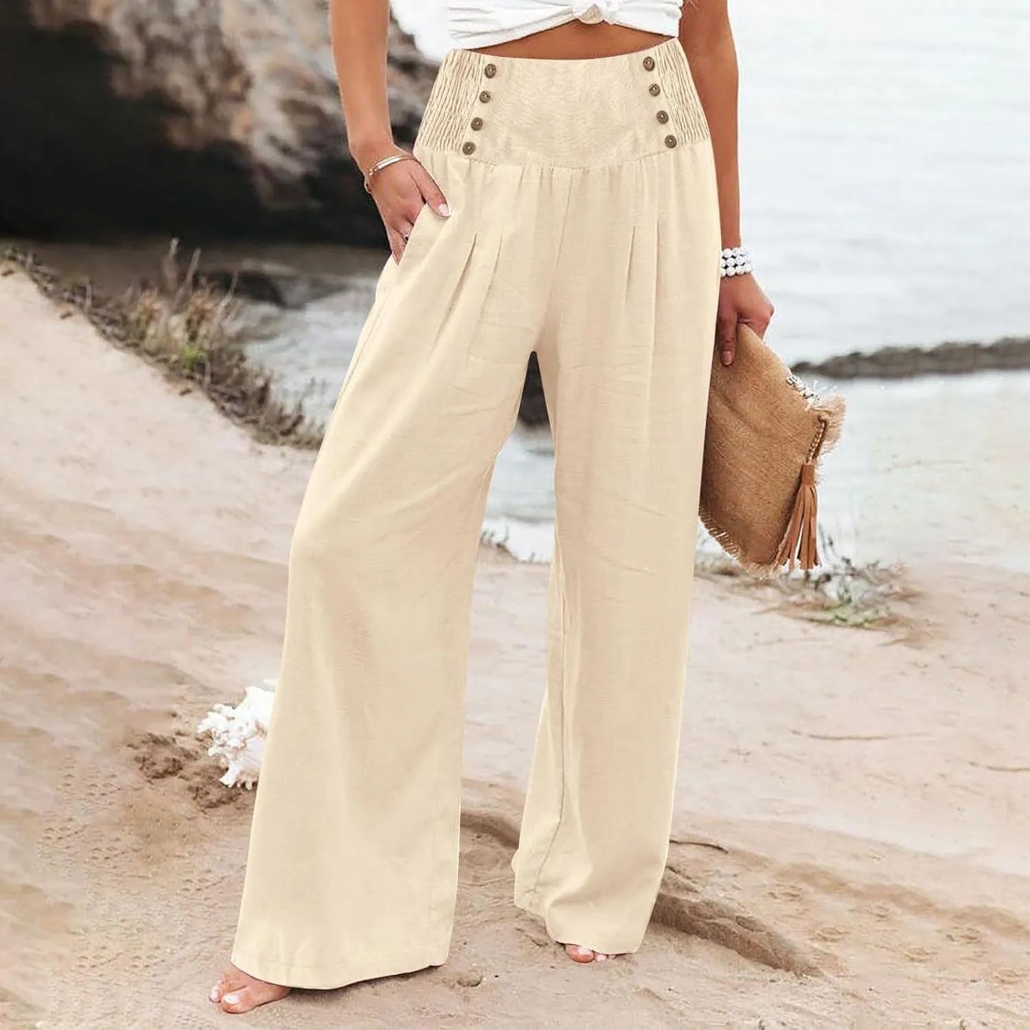 Lounge Pants Plus Size Women Summer Boho Wide Leg High Waist Linen Palazzo Pants 2025 Beach Travel Vacation Trouser