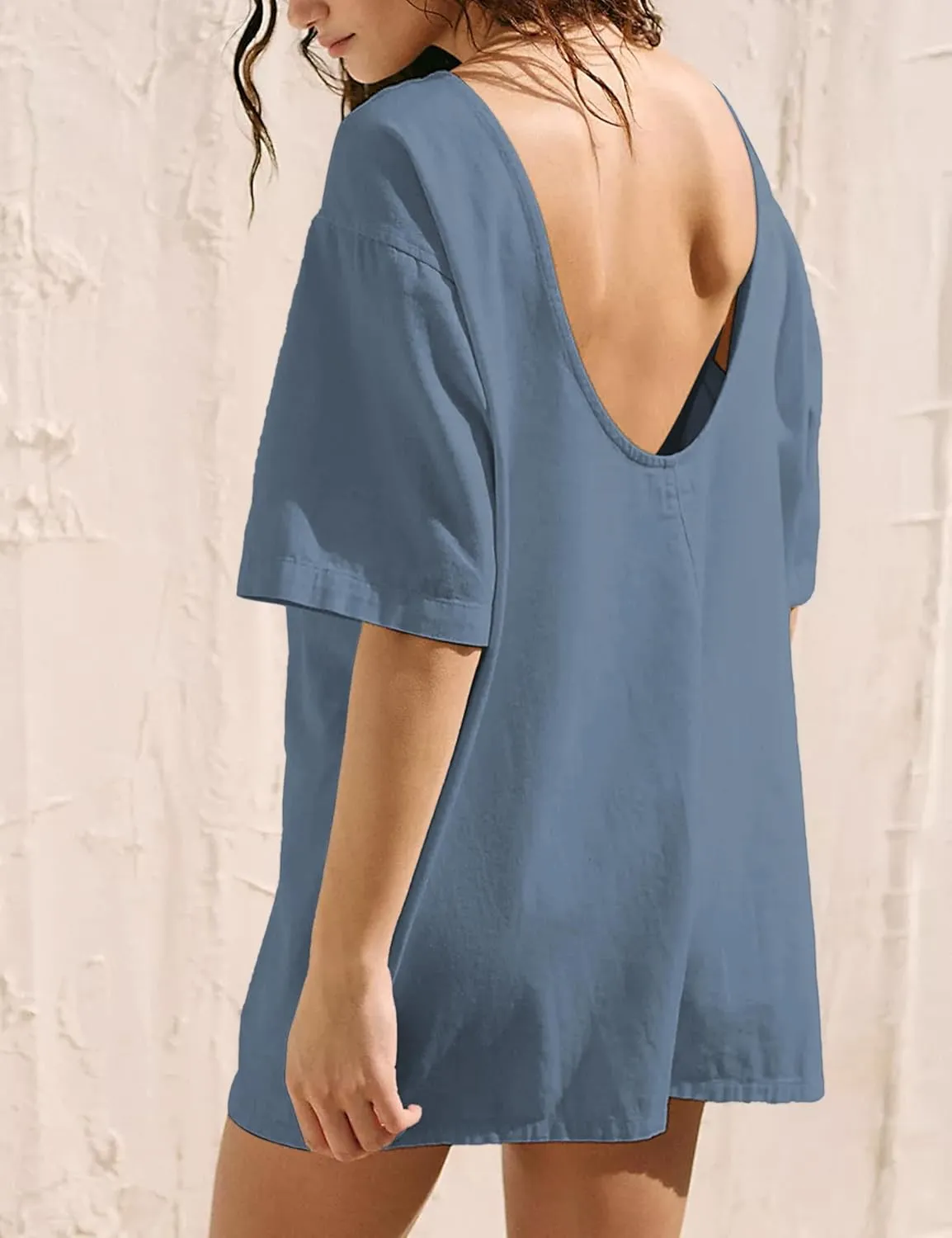 LTSCNRM Tee Rompers for Women Oversized Jumpsuits Overalls One Piece Hot Shot Short Sleeve Back U Neck Pockets Activewear
