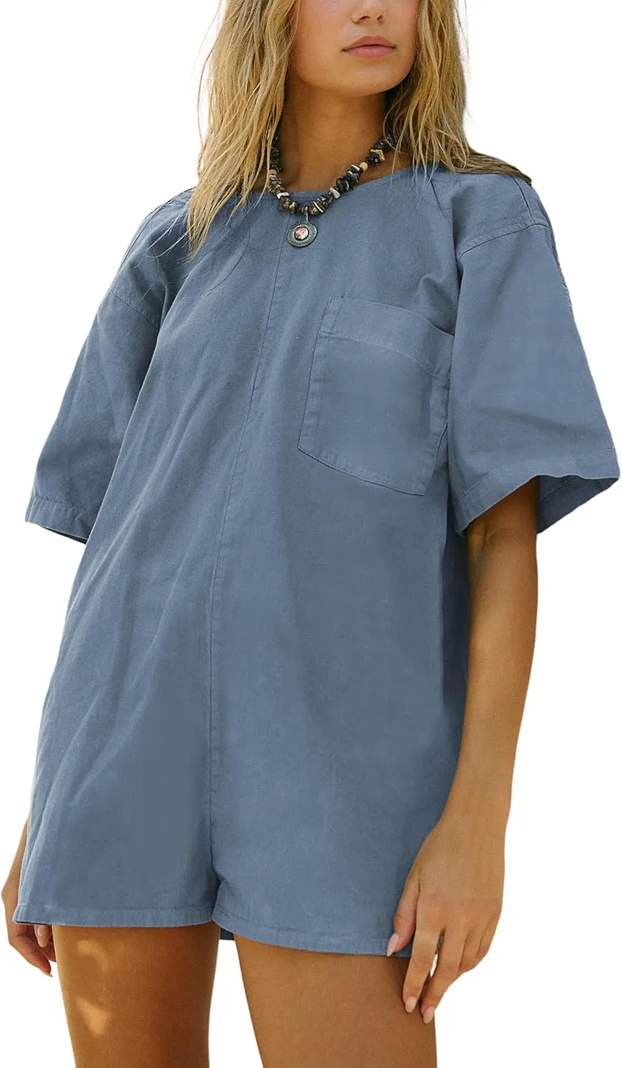 LTSCNRM Tee Rompers for Women Oversized Jumpsuits Overalls One Piece Hot Shot Short Sleeve Back U Neck Pockets Activewear
