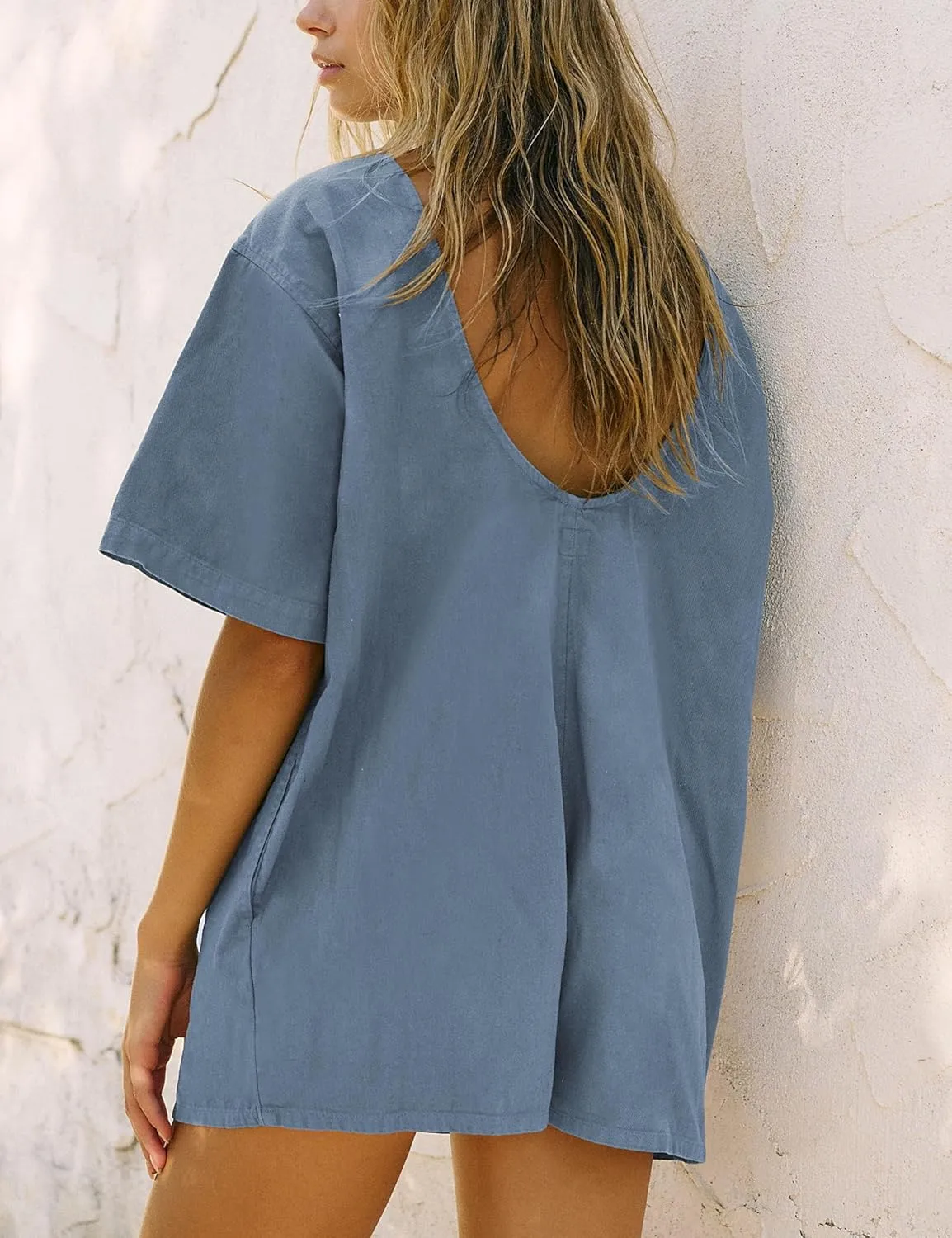 LTSCNRM Tee Rompers for Women Oversized Jumpsuits Overalls One Piece Hot Shot Short Sleeve Back U Neck Pockets Activewear