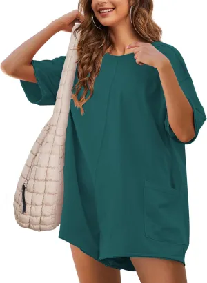 LTSCNRM Womens Tee Rompers Casual One Piece Hot Shot Oversized Overall Short Sleeve Reversible Athletic Workout Pockets