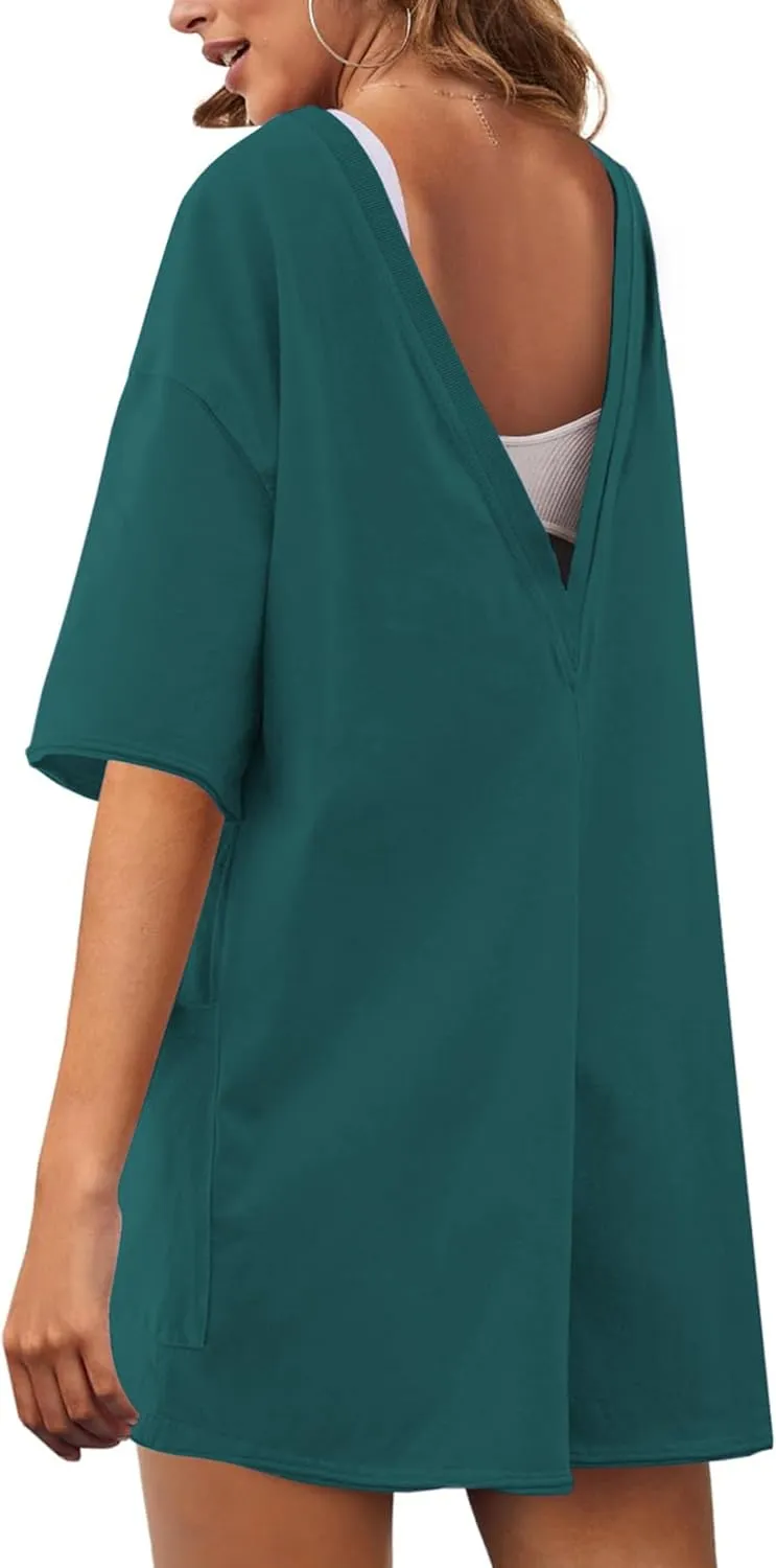 LTSCNRM Womens Tee Rompers Casual One Piece Hot Shot Oversized Overall Short Sleeve Reversible Athletic Workout Pockets