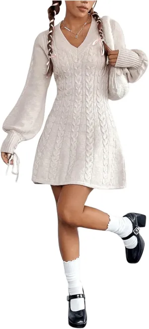MakeMeChic Women's Cable Knit Short Sweater Dress Lantern Sleeve V Neck A Line Mini Dress
