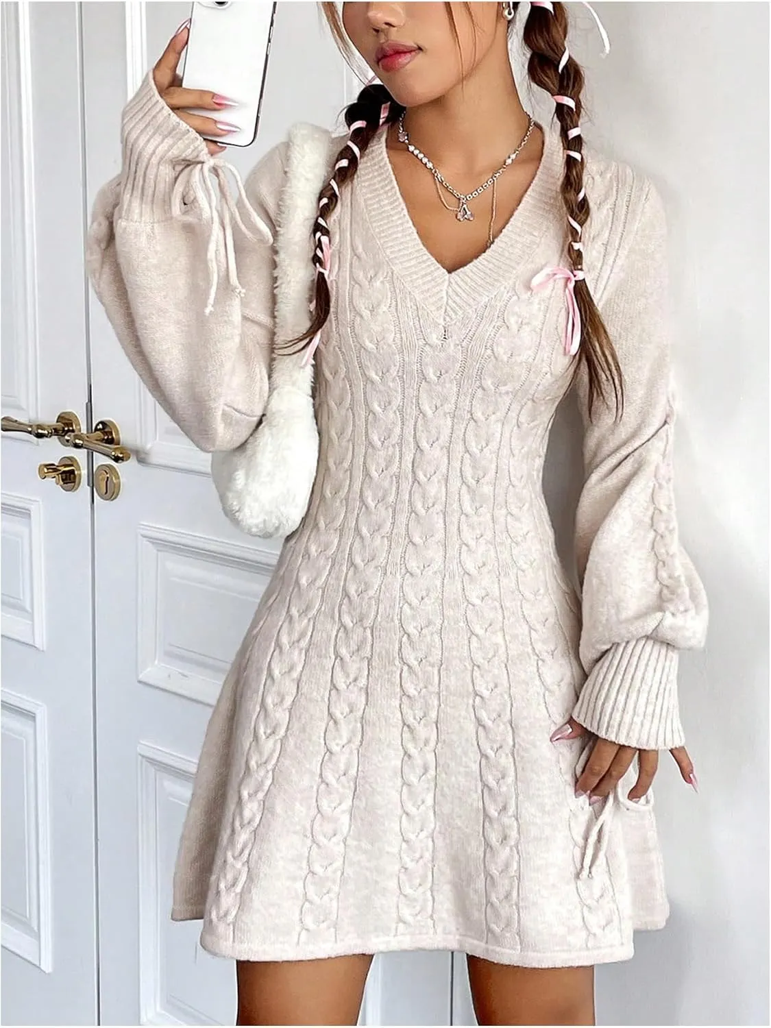 MakeMeChic Women's Cable Knit Short Sweater Dress Lantern Sleeve V Neck A Line Mini Dress