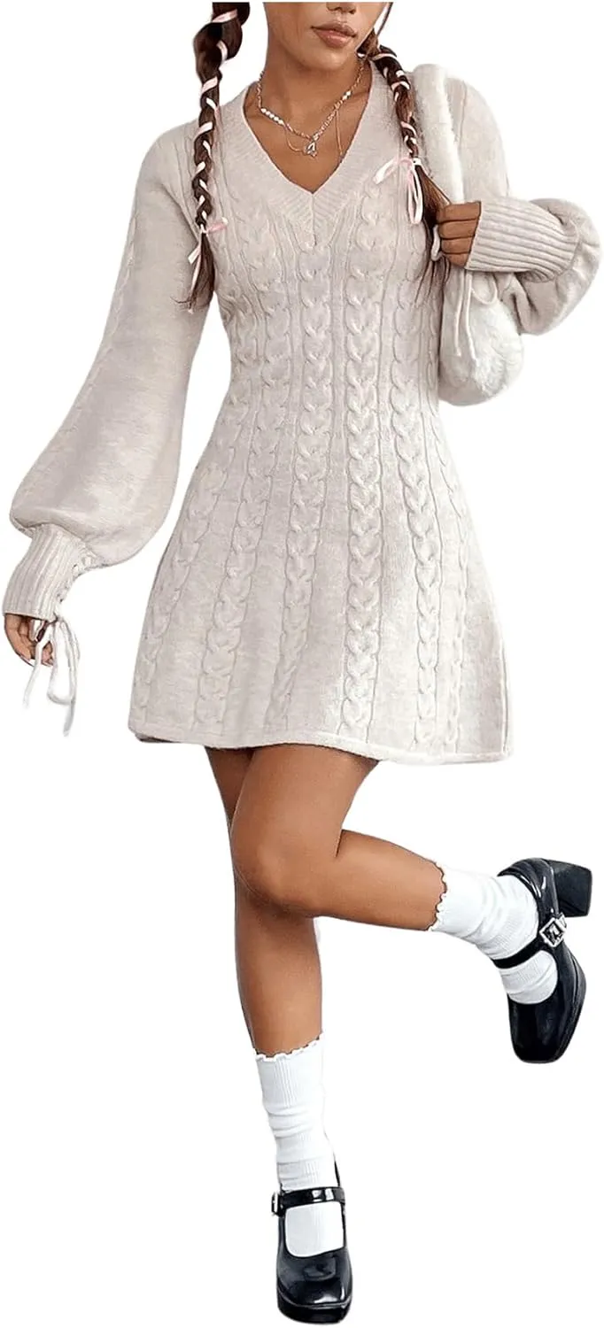 MakeMeChic Women's Cable Knit Short Sweater Dress Lantern Sleeve V Neck A Line Mini Dress