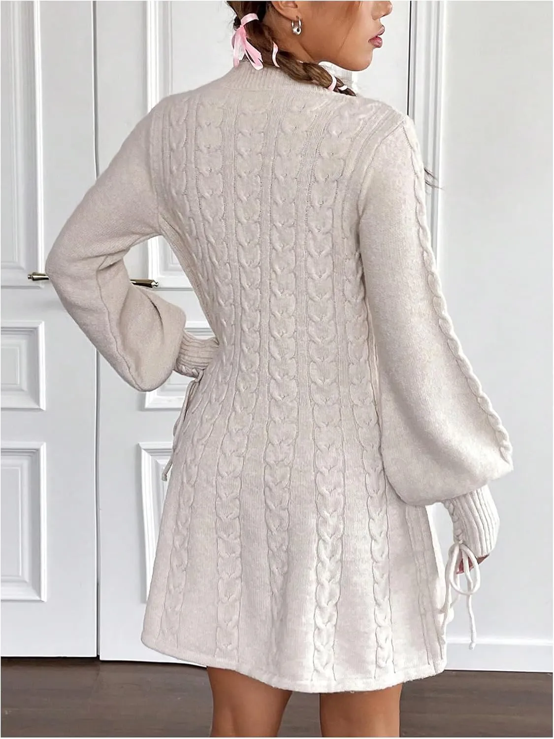 MakeMeChic Women's Cable Knit Short Sweater Dress Lantern Sleeve V Neck A Line Mini Dress
