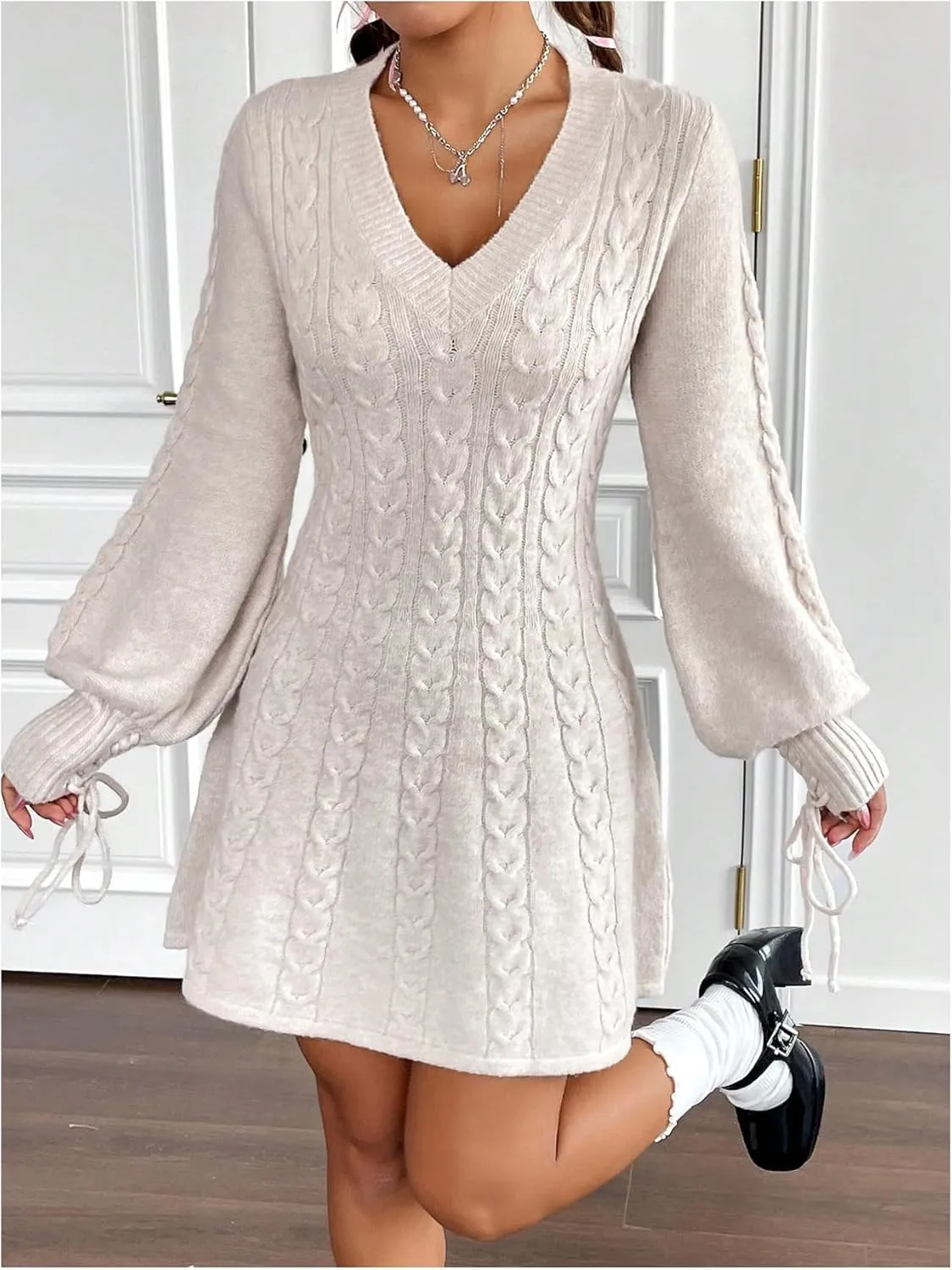 MakeMeChic Women's Cable Knit Short Sweater Dress Lantern Sleeve V Neck A Line Mini Dress