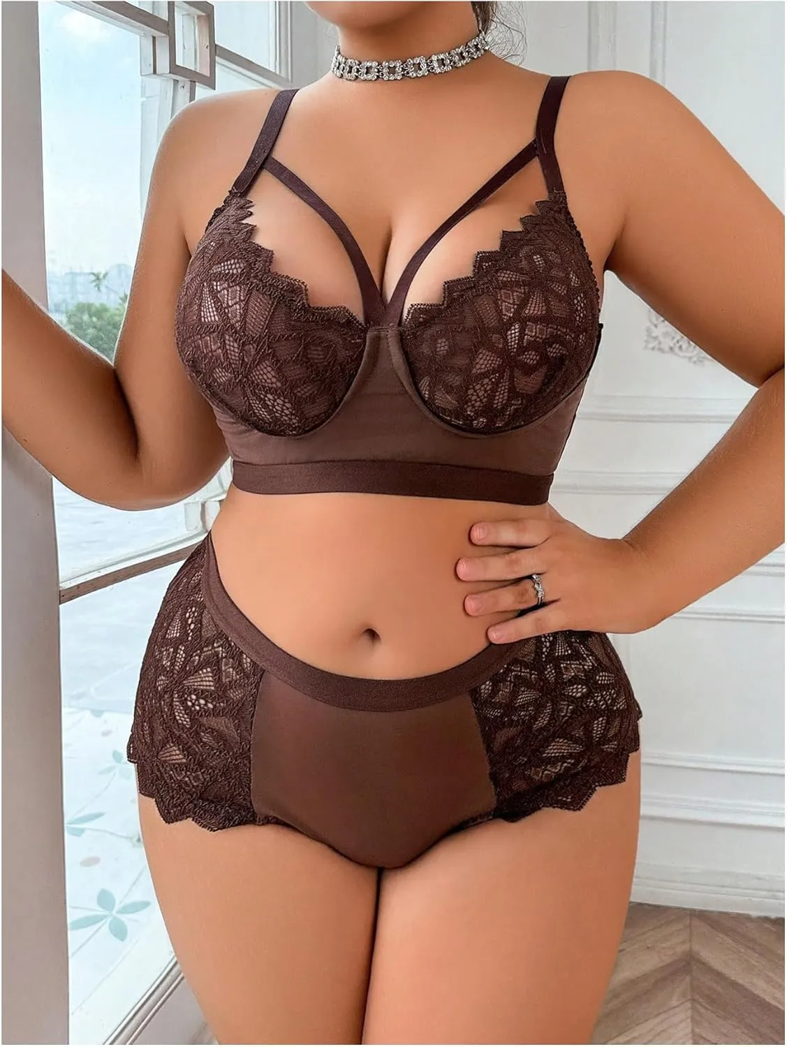 MakeMeChic Women's Plus Size Lingerie Sets Contrast Lace Cut Out Wireless Bra and Panty Set