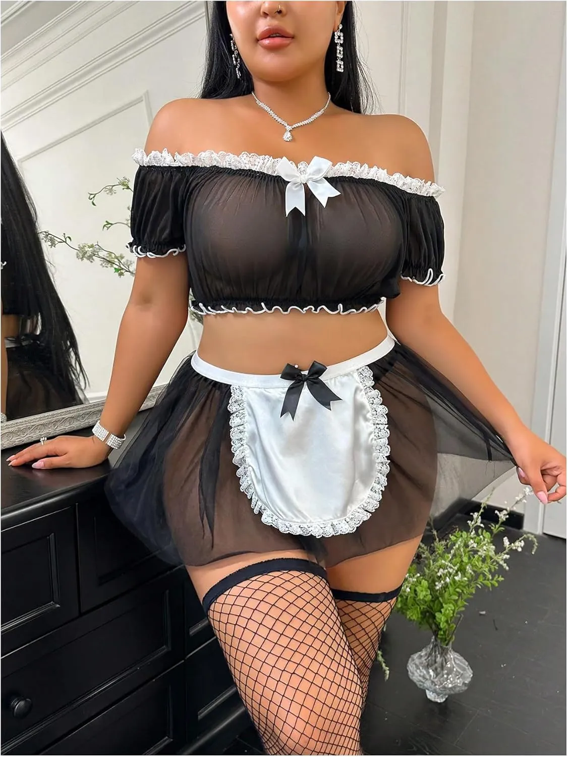 MakeMeChic Women's Plus Size Maid Outfit Mesh Off The Shoulder Bralettes Roleplay Lingerie Set with Stockings