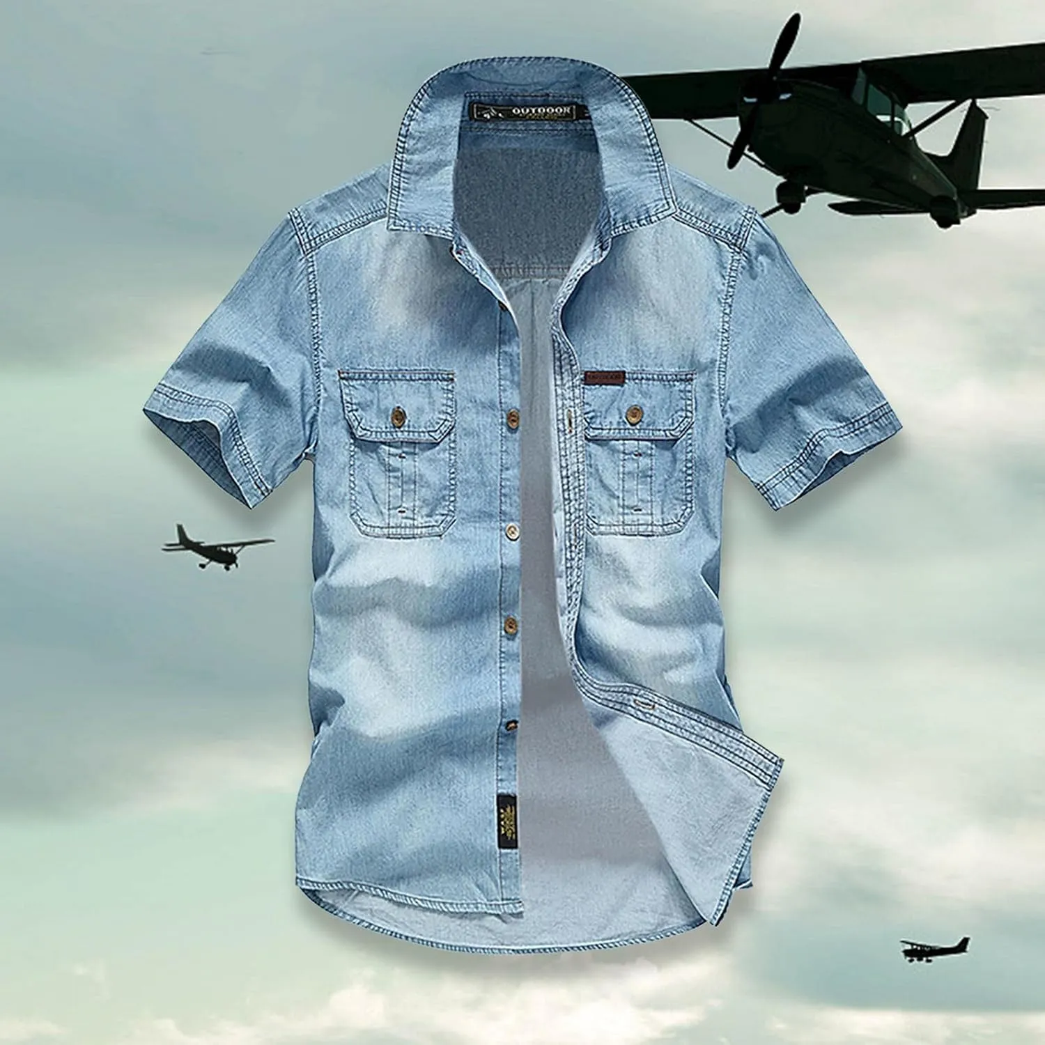 Maryia Men's Retro Distressed Denim Shirt Cotton Plus Size Short Sleeve Button Down Casual Lapel Washed Work Jean Shirt