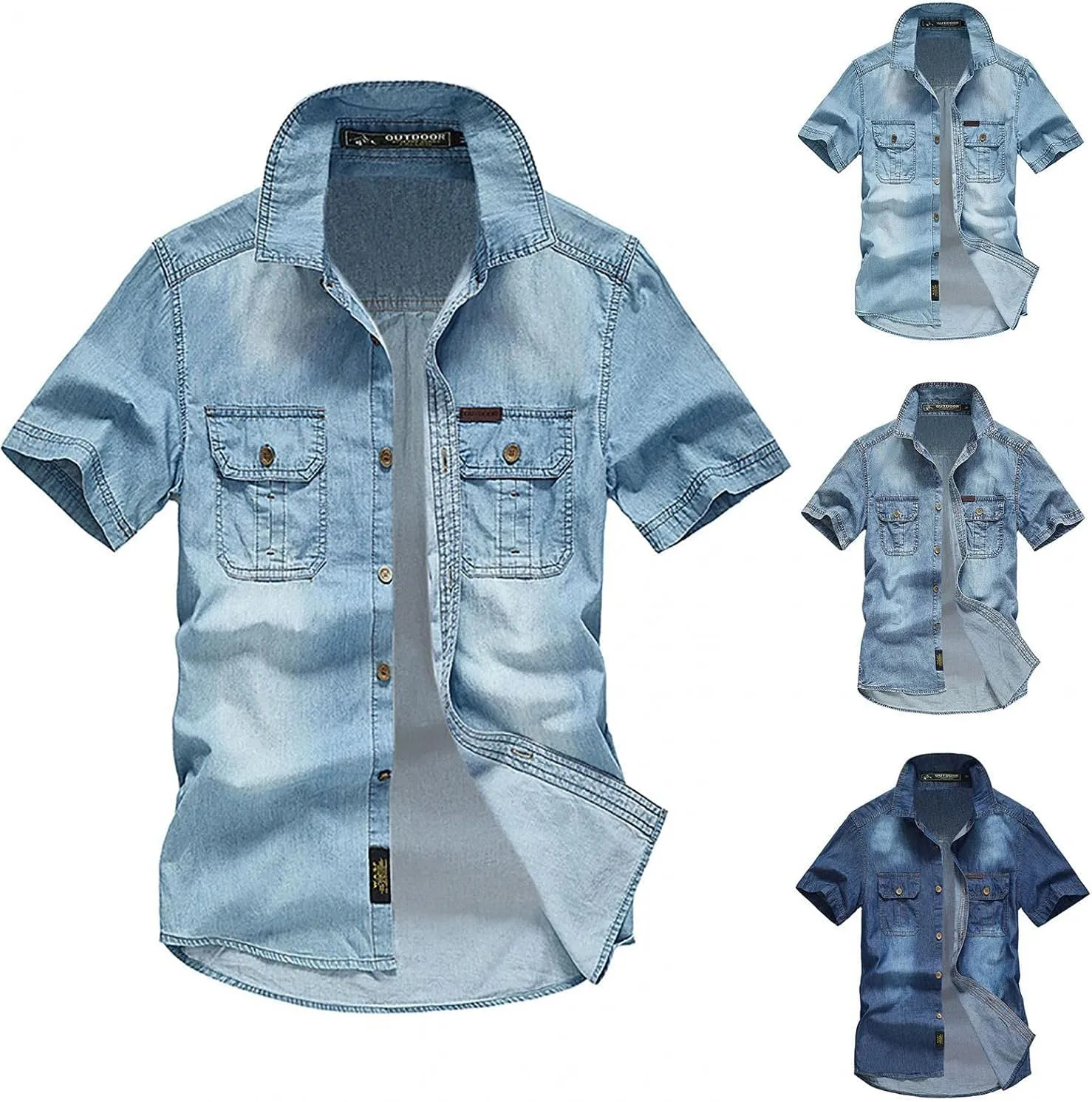 Maryia Men's Retro Distressed Denim Shirt Cotton Plus Size Short Sleeve Button Down Casual Lapel Washed Work Jean Shirt