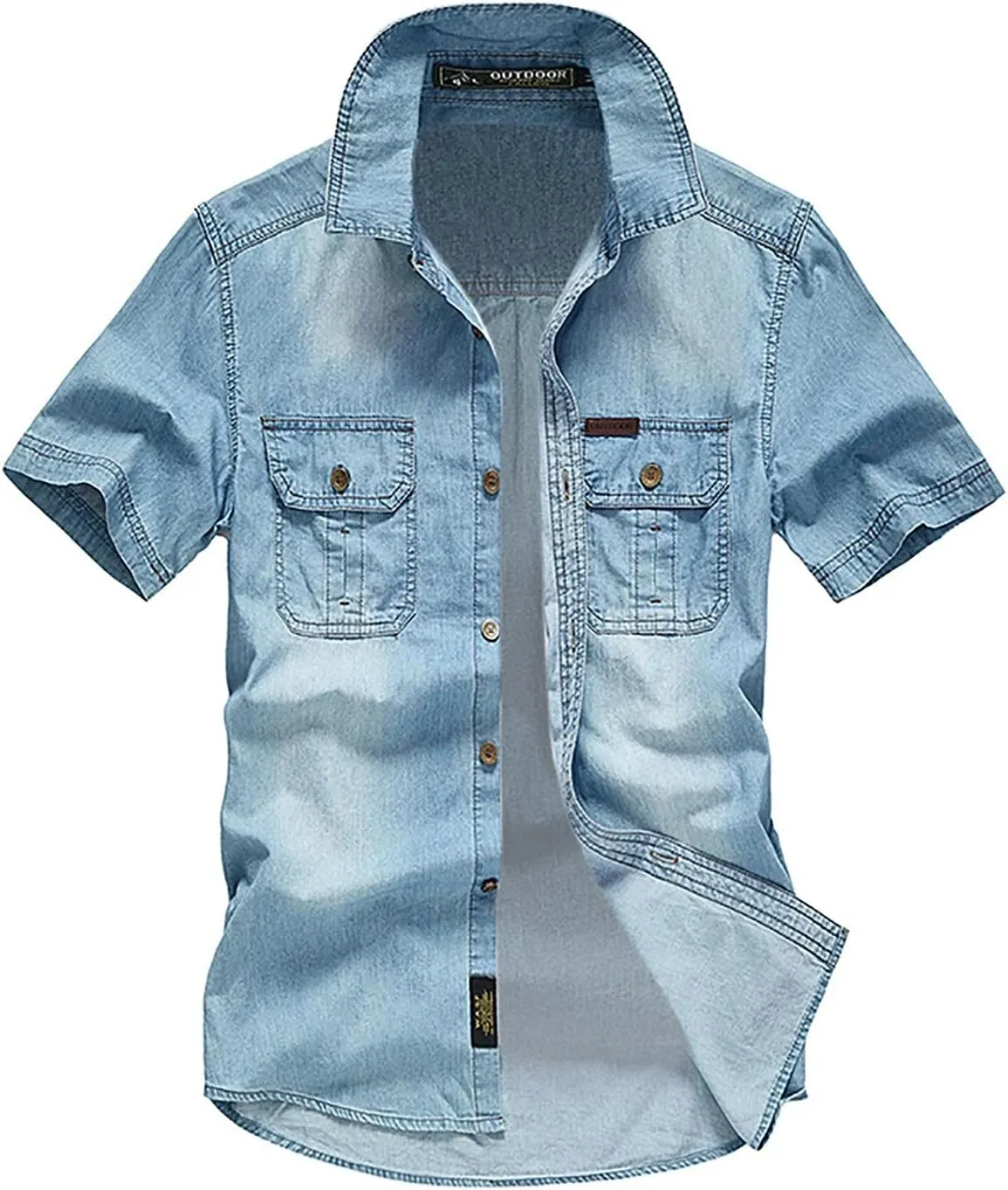 Maryia Men's Retro Distressed Denim Shirt Cotton Plus Size Short Sleeve Button Down Casual Lapel Washed Work Jean Shirt