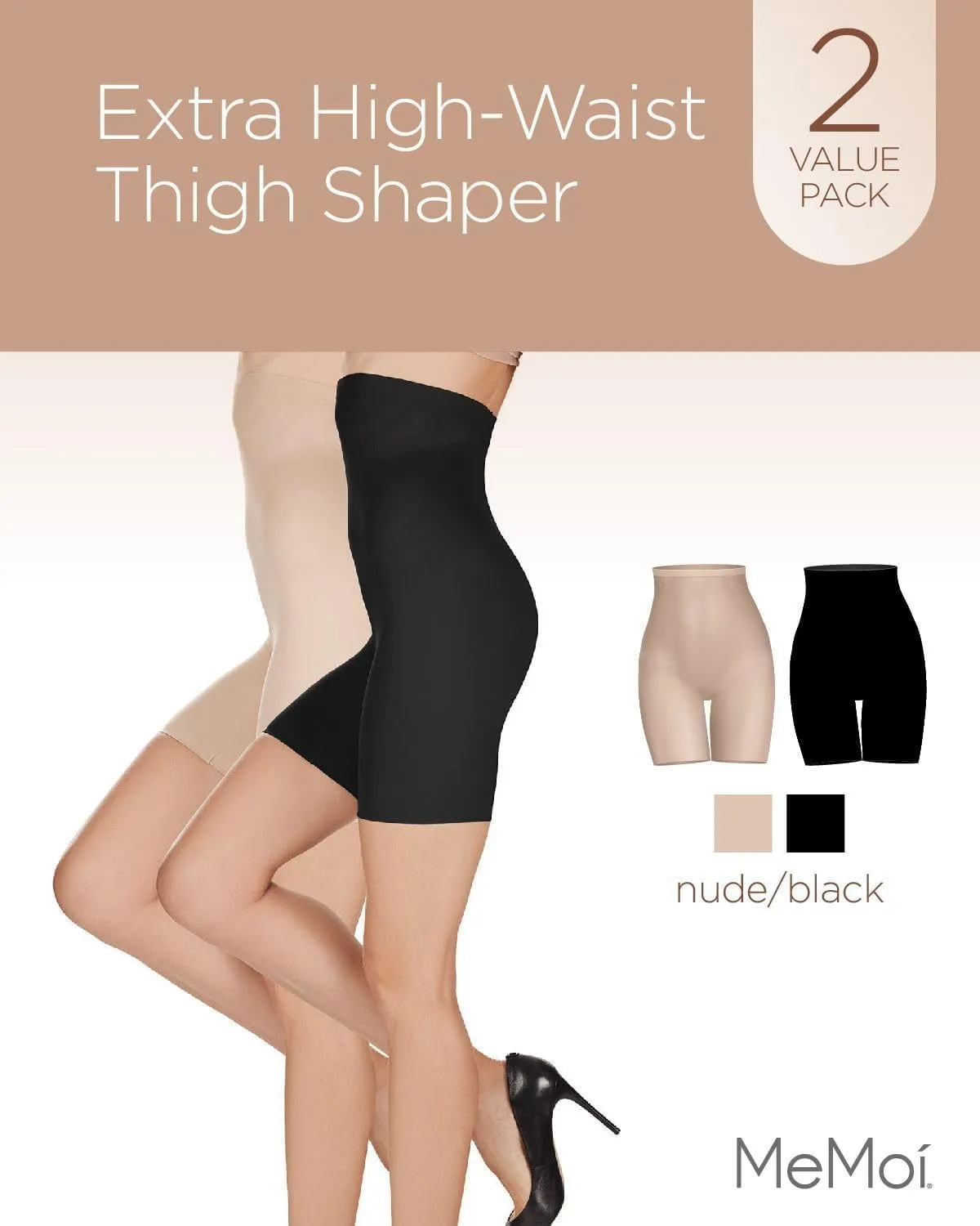 MeMoi 2 Pack Extra High-Waist Shapewear Shorts, Smooth Thigh Shaper Shorts, Comfortable Womens Shapewear - Sizes M-4X