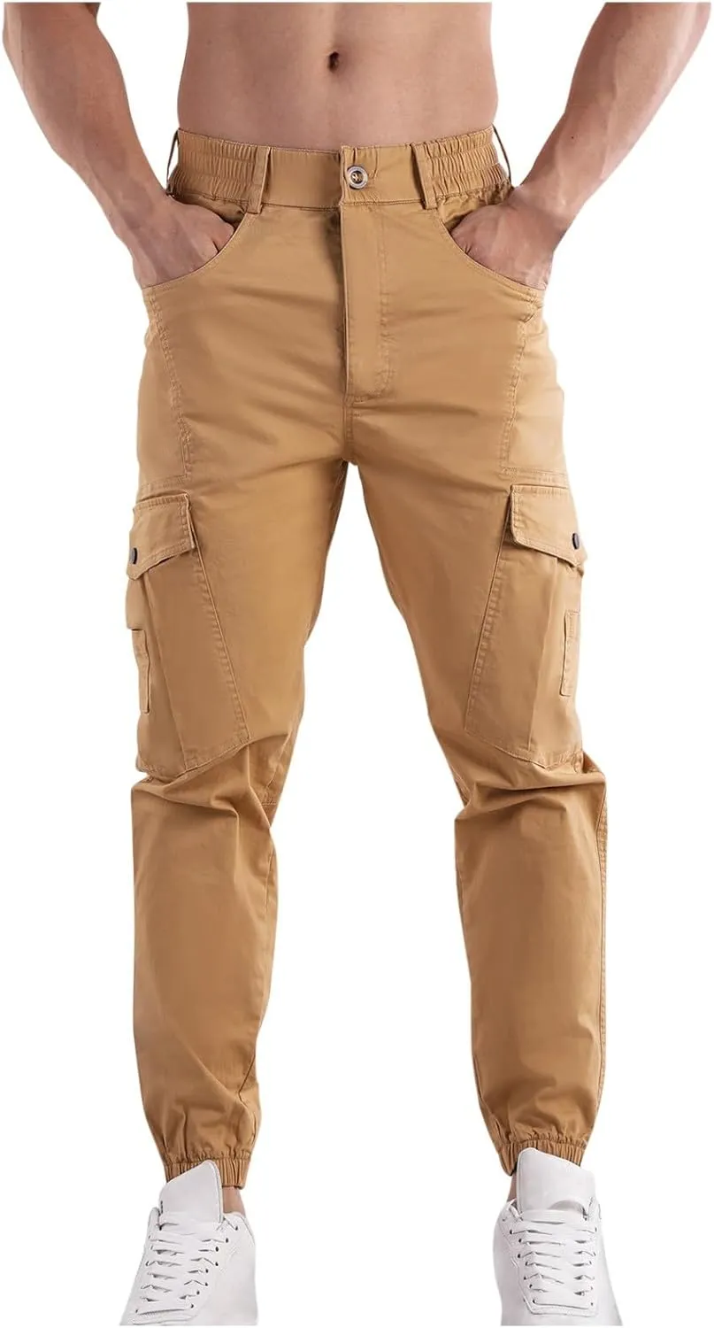 Mens Cargo Pants Multi Pockets Straight Expandable Waist Trousers Solid Cinch Bottom Pants Cotton Athletic Pants