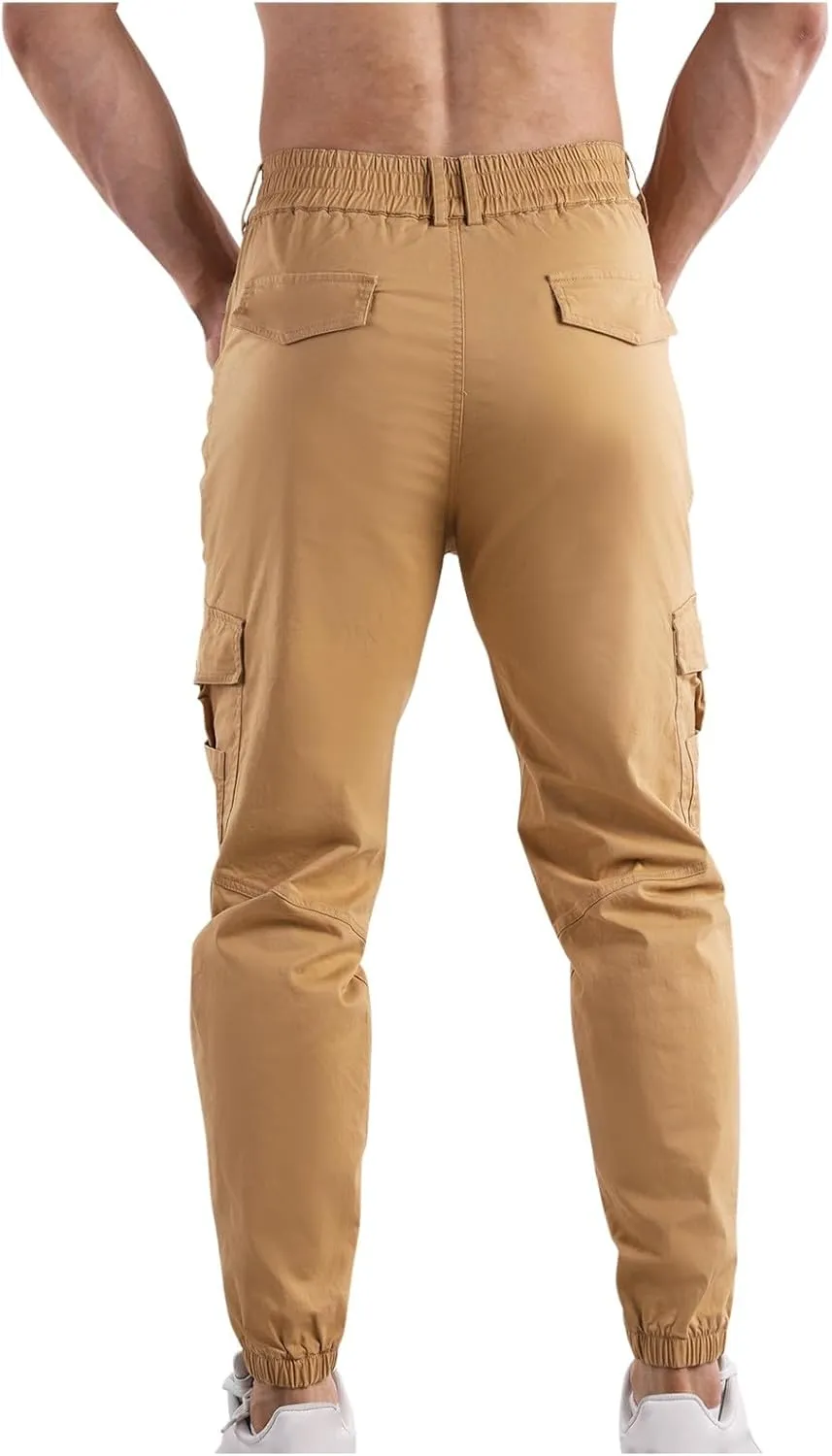 Mens Cargo Pants Multi Pockets Straight Expandable Waist Trousers Solid Cinch Bottom Pants Cotton Athletic Pants