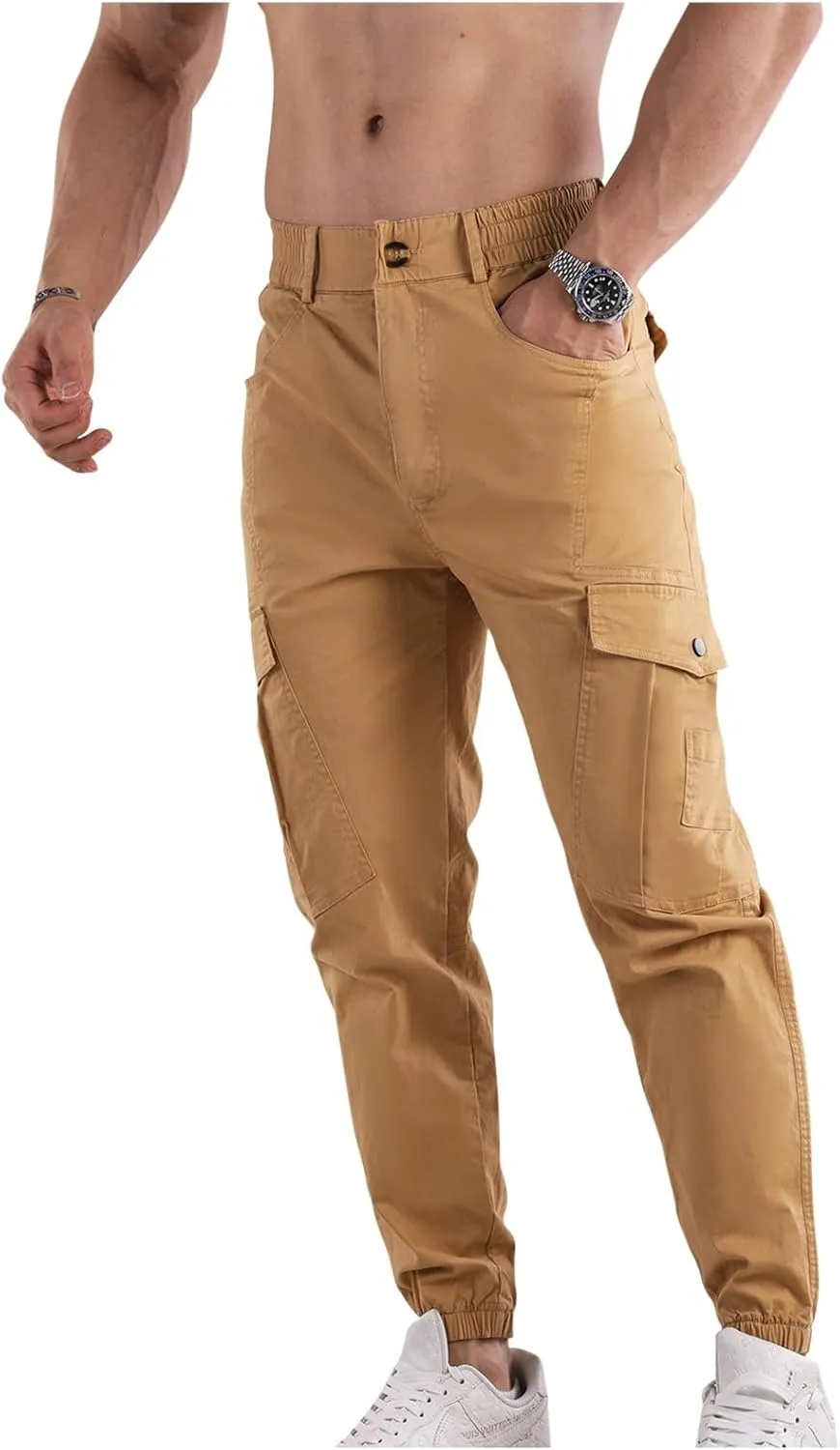 Mens Cargo Pants Multi Pockets Straight Expandable Waist Trousers Solid Cinch Bottom Pants Cotton Athletic Pants