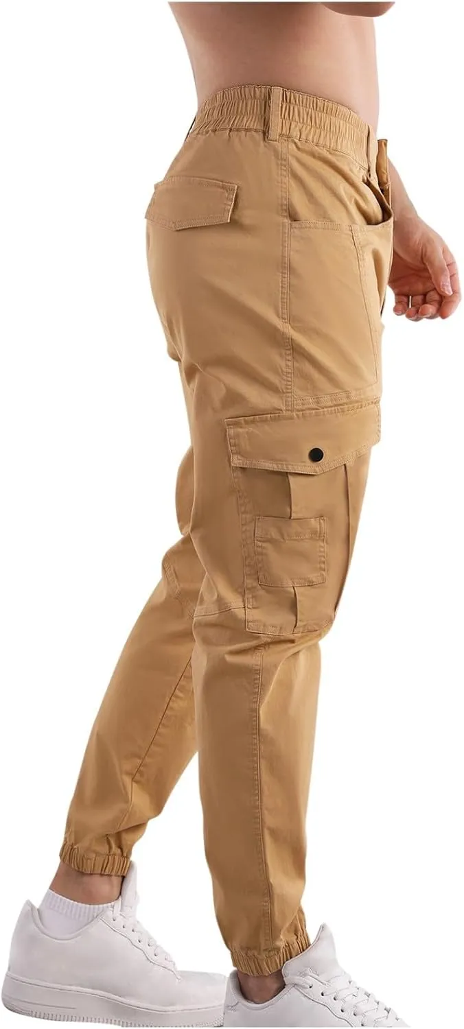 Mens Cargo Pants Multi Pockets Straight Expandable Waist Trousers Solid Cinch Bottom Pants Cotton Athletic Pants