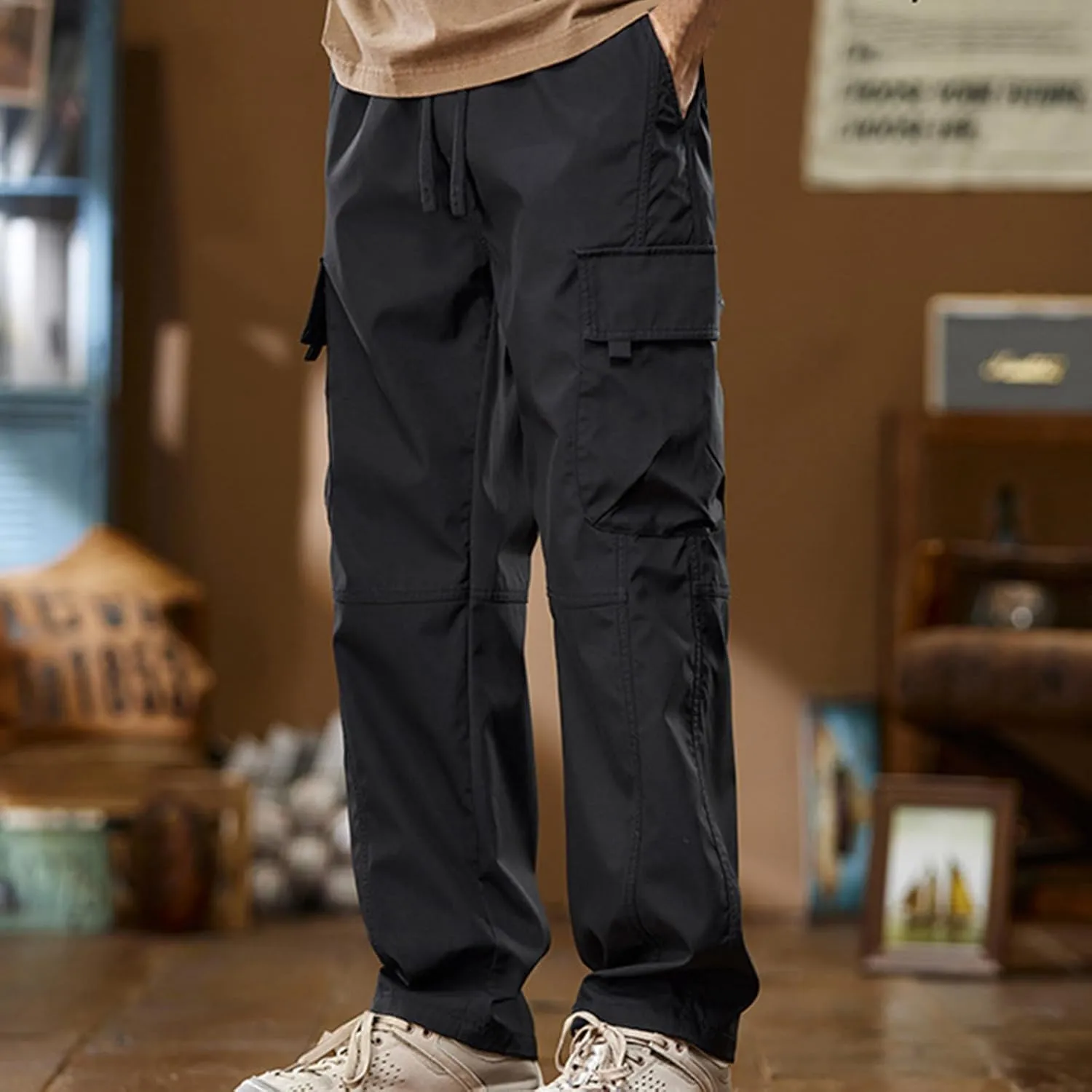 Men's Casual Cargo Pants with Multi Flap Pockets & Drawstring Elastic Waist, Stretch Hiking Tactical Work Pants