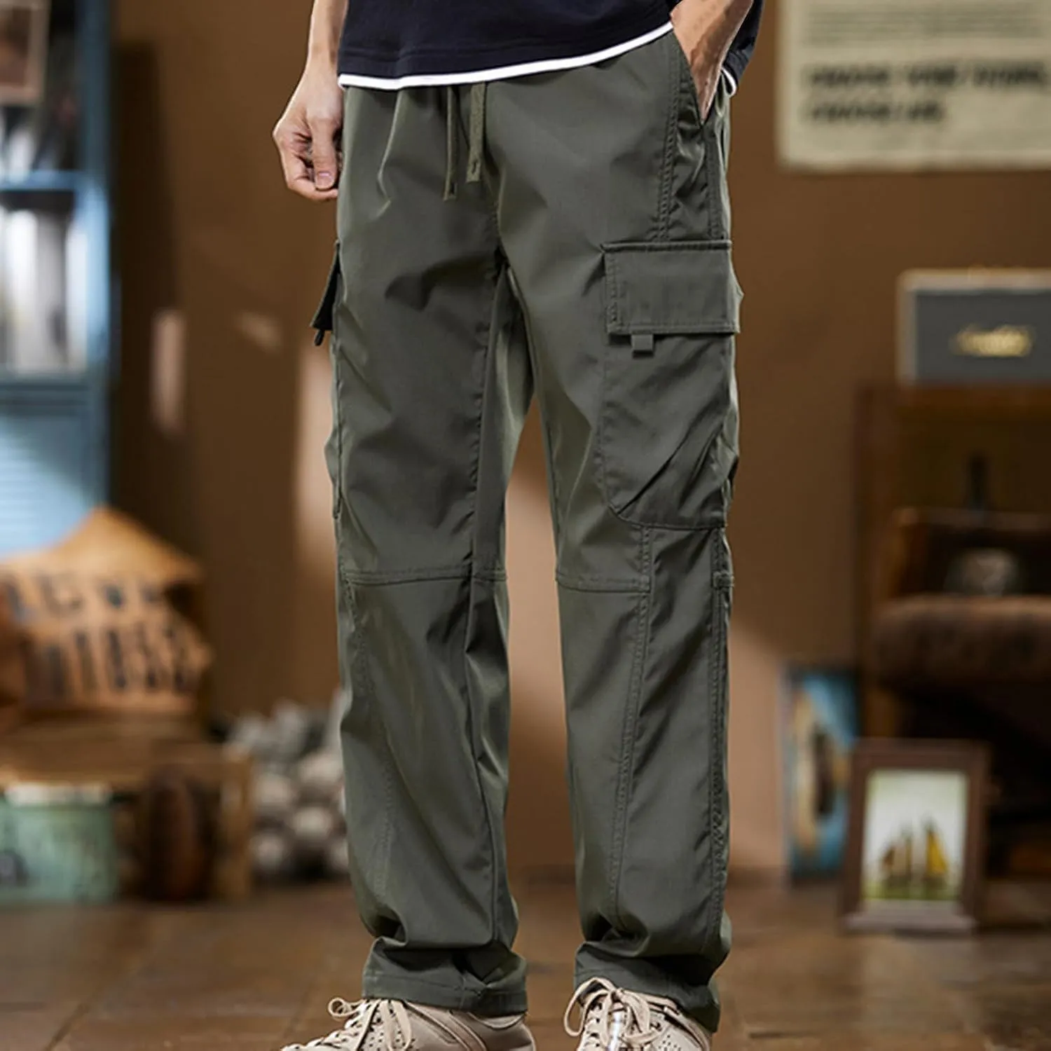 Men's Casual Cargo Pants with Multi Flap Pockets & Drawstring Elastic Waist, Stretch Hiking Tactical Work Pants