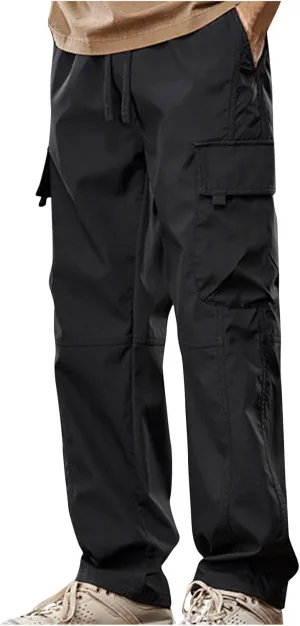 Men's Casual Cargo Pants with Multi Flap Pockets & Drawstring Elastic Waist, Stretch Hiking Tactical Work Pants