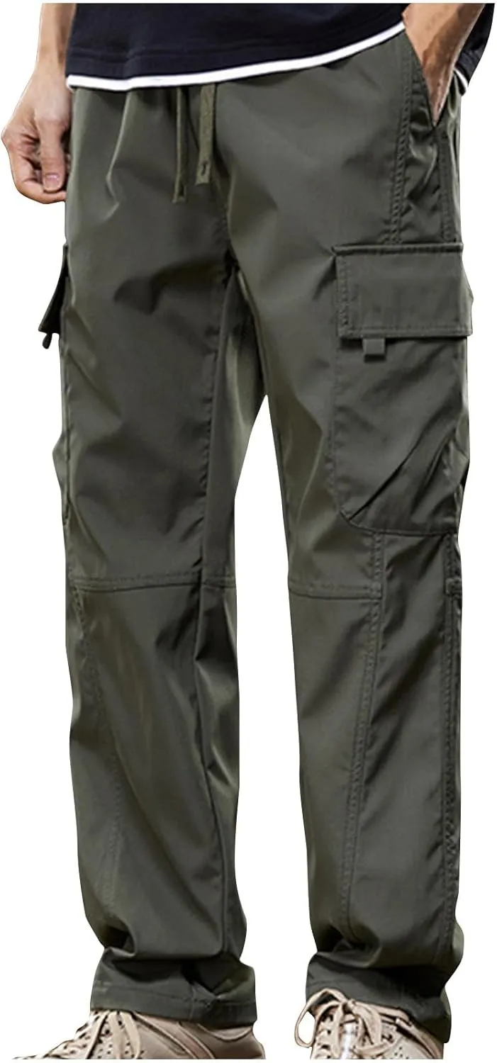 Men's Casual Cargo Pants with Multi Flap Pockets & Drawstring Elastic Waist, Stretch Hiking Tactical Work Pants