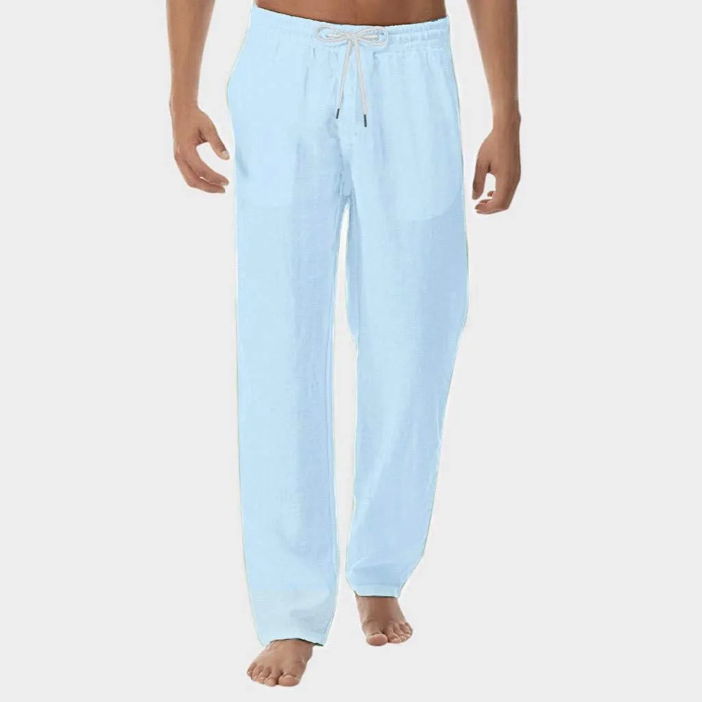 Mens Casual Linen Pants Loose Straight Leg Elastic Waist Drawstring Beach Summer Pants Lightweight Comfy Yoga Trouser
