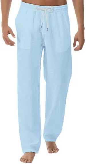 Mens Casual Linen Pants Loose Straight Leg Elastic Waist Drawstring Beach Summer Pants Lightweight Comfy Yoga Trouser