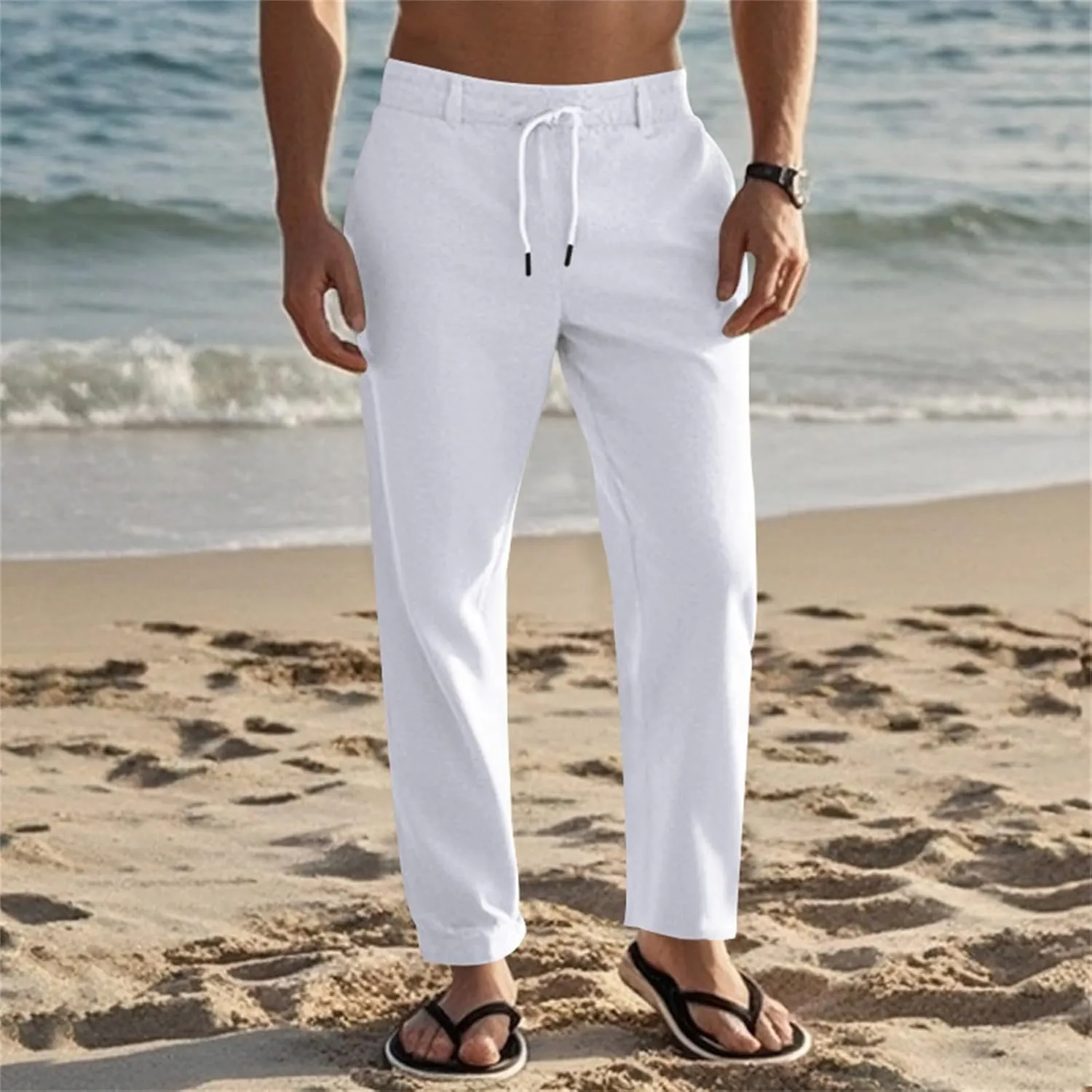Men's Cotton Linen Pants Drawstring Elastic Waist Lightweight Casual Dressy Pants Slim Yoga Beach Pants with Pockets