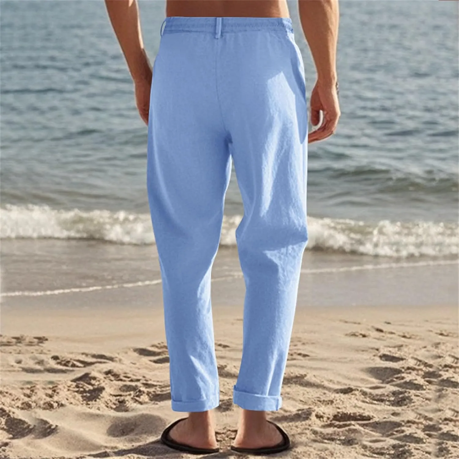 Men's Cotton Linen Pants Drawstring Elastic Waist Lightweight Casual Dressy Pants Slim Yoga Beach Pants with Pockets