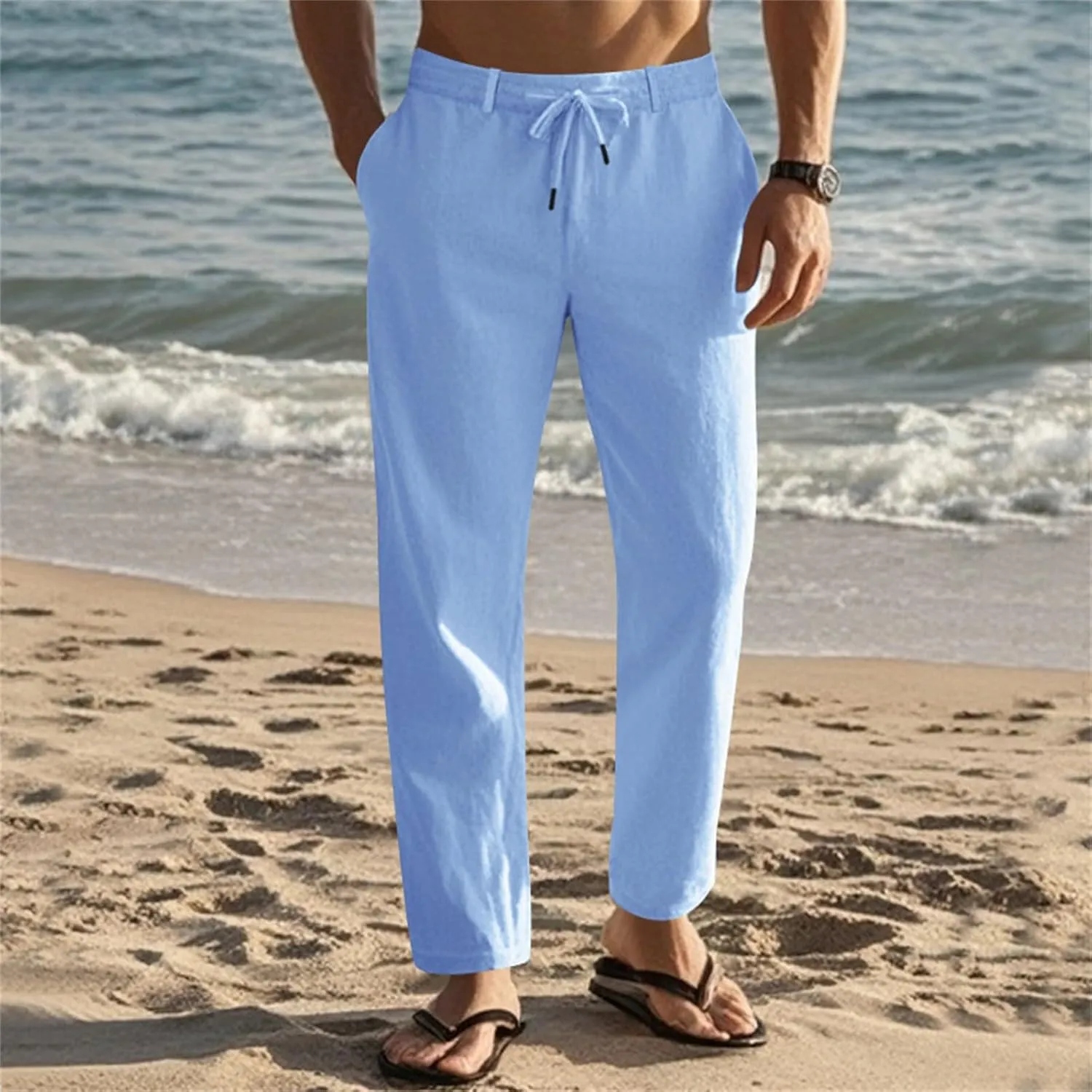 Men's Cotton Linen Pants Drawstring Elastic Waist Lightweight Casual Dressy Pants Slim Yoga Beach Pants with Pockets
